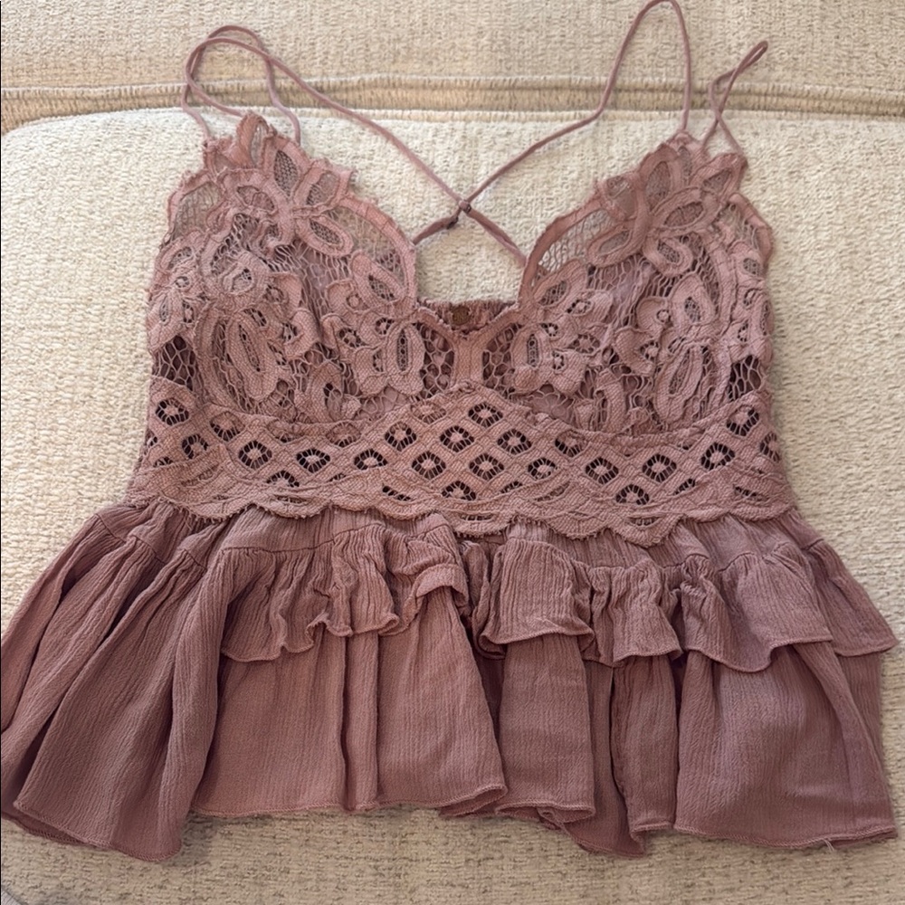 Free People Lace and Ruffle Mauve Tank Top